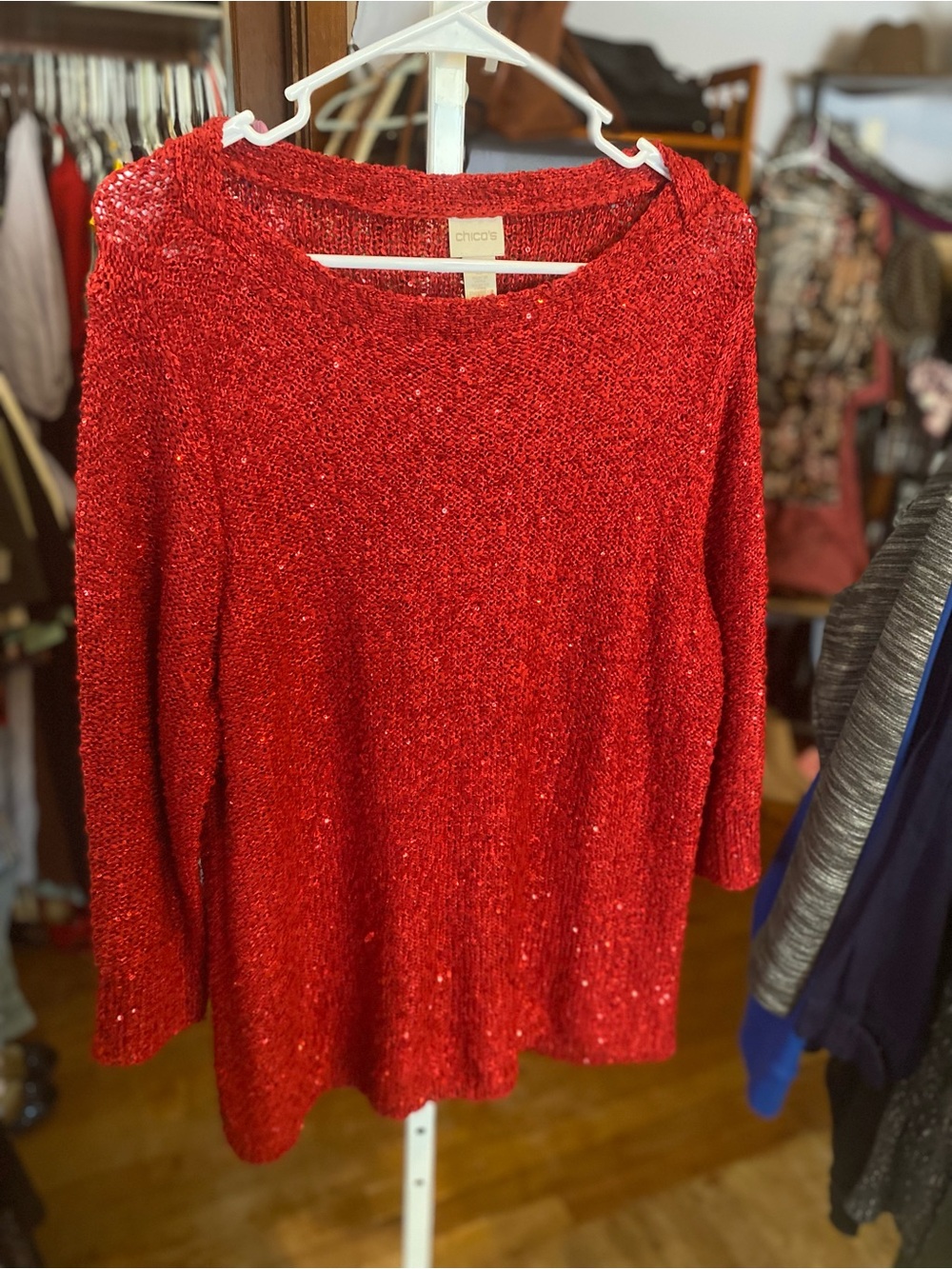 Chico's Red Sequin Knit Scoop-Neck Pullover